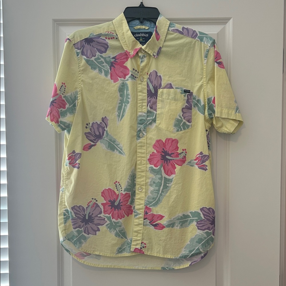 Chubbies Yellow Shirt with Pink and Purple Floral Design
